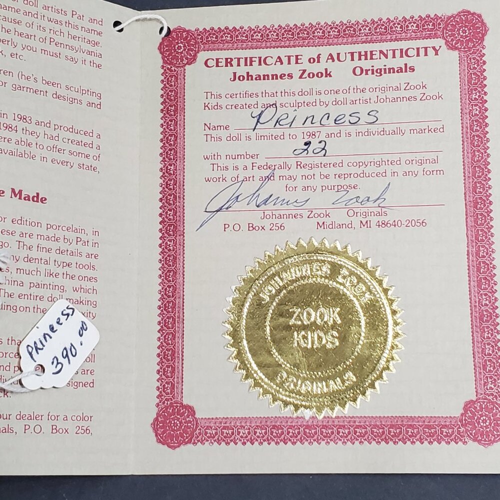 PRINCESS by ZOOK Artist Girl Fashion Doll 20" Signed #22 Certificate Pink 1987